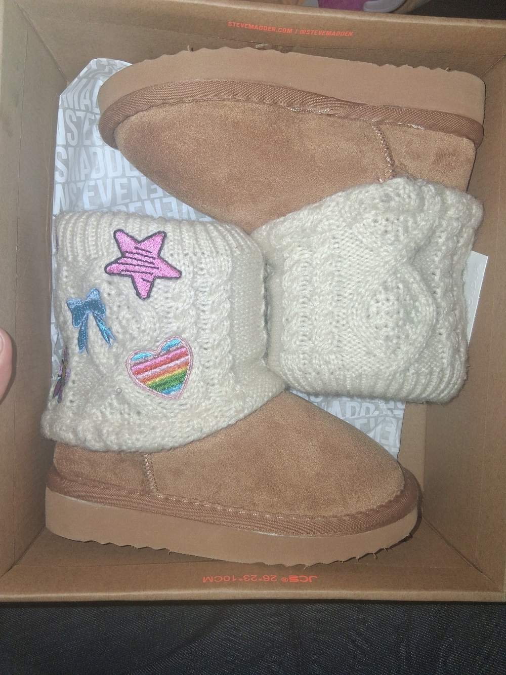 Steve Madden Tan Knit-Cuff Kids Winter Boots with Patch Details